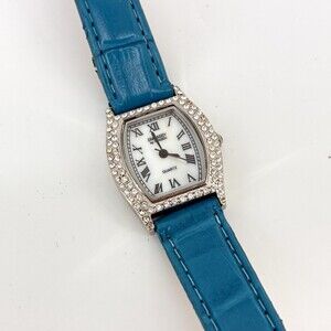 Embassy by Gruen Rhinestone Tonneau Watch Teal Leather Roman (X9)